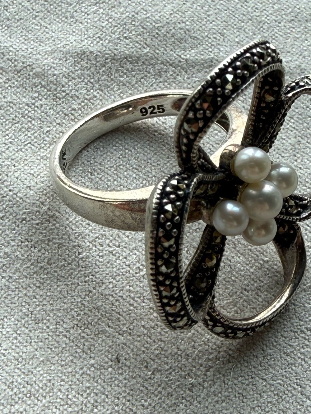 Sterling Silver Floral Pearl Cluster Ring - 925